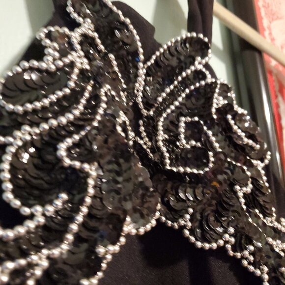 Vintage 80s Formal Black Sequin Halter Neck Side Slit Maxi Dress Goth Retro Glam - Picture 10 of 12